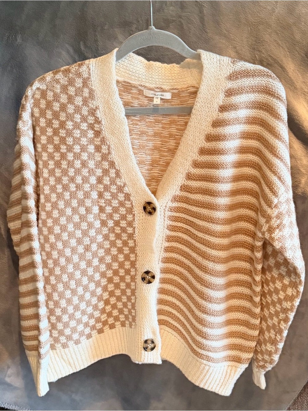 Maurices Cream and Tan Patterned Button-Front Cardigan